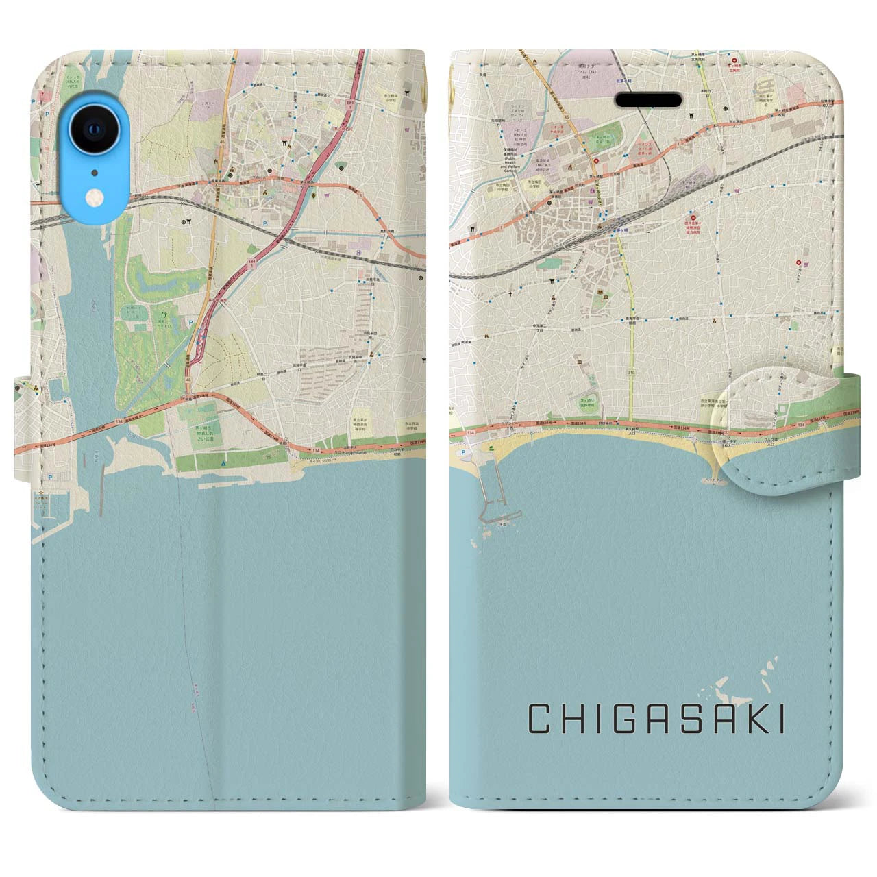 【茅ヶ崎】地図柄iPhoneケース（手帳両面タイプ・ナチュラル）iPhone XR 用