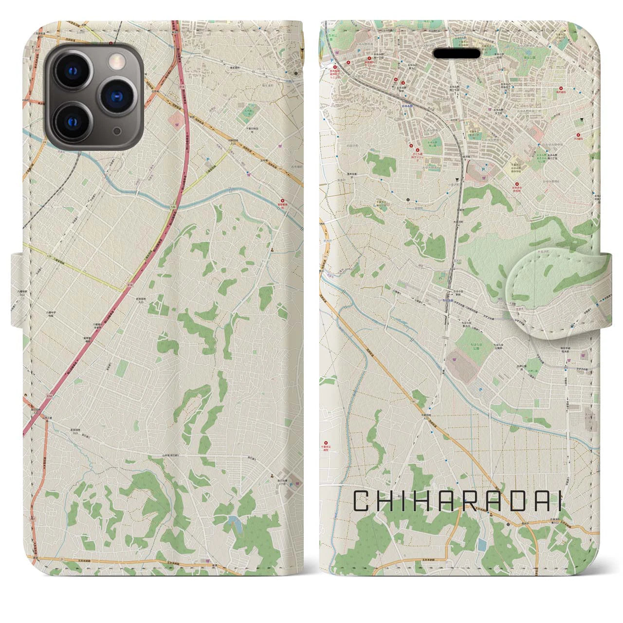 【ちはら台】地図柄iPhoneケース（手帳両面タイプ・ナチュラル）iPhone 11 Pro Max 用