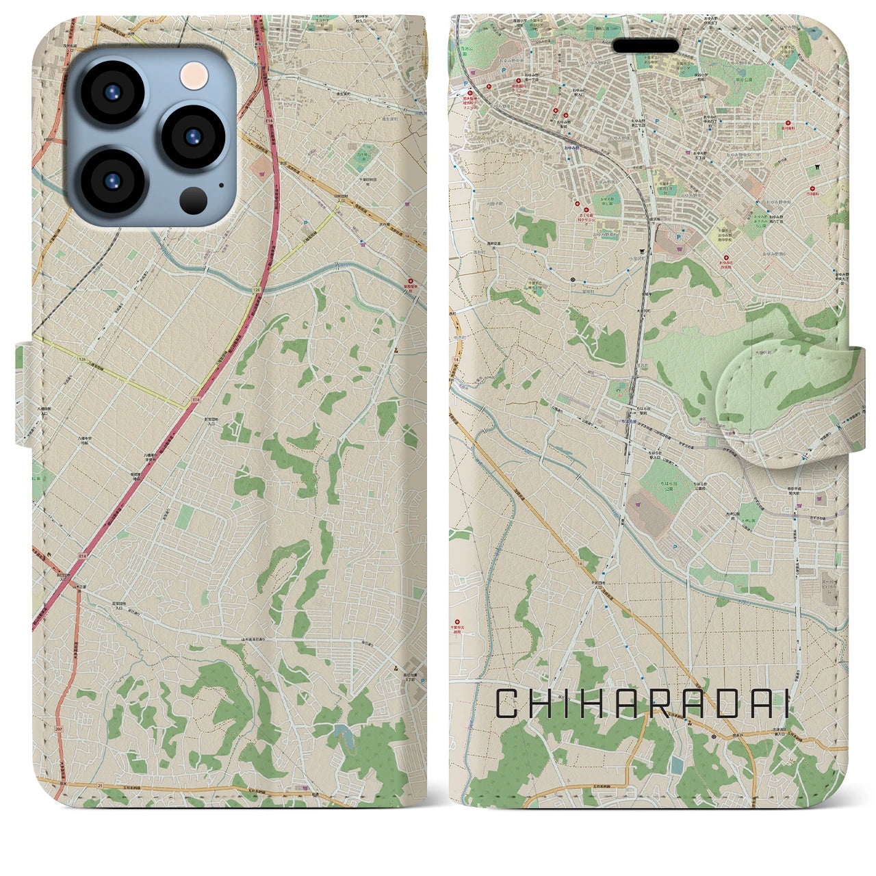 【ちはら台】地図柄iPhoneケース（手帳両面タイプ・ナチュラル）iPhone 13 Pro Max 用