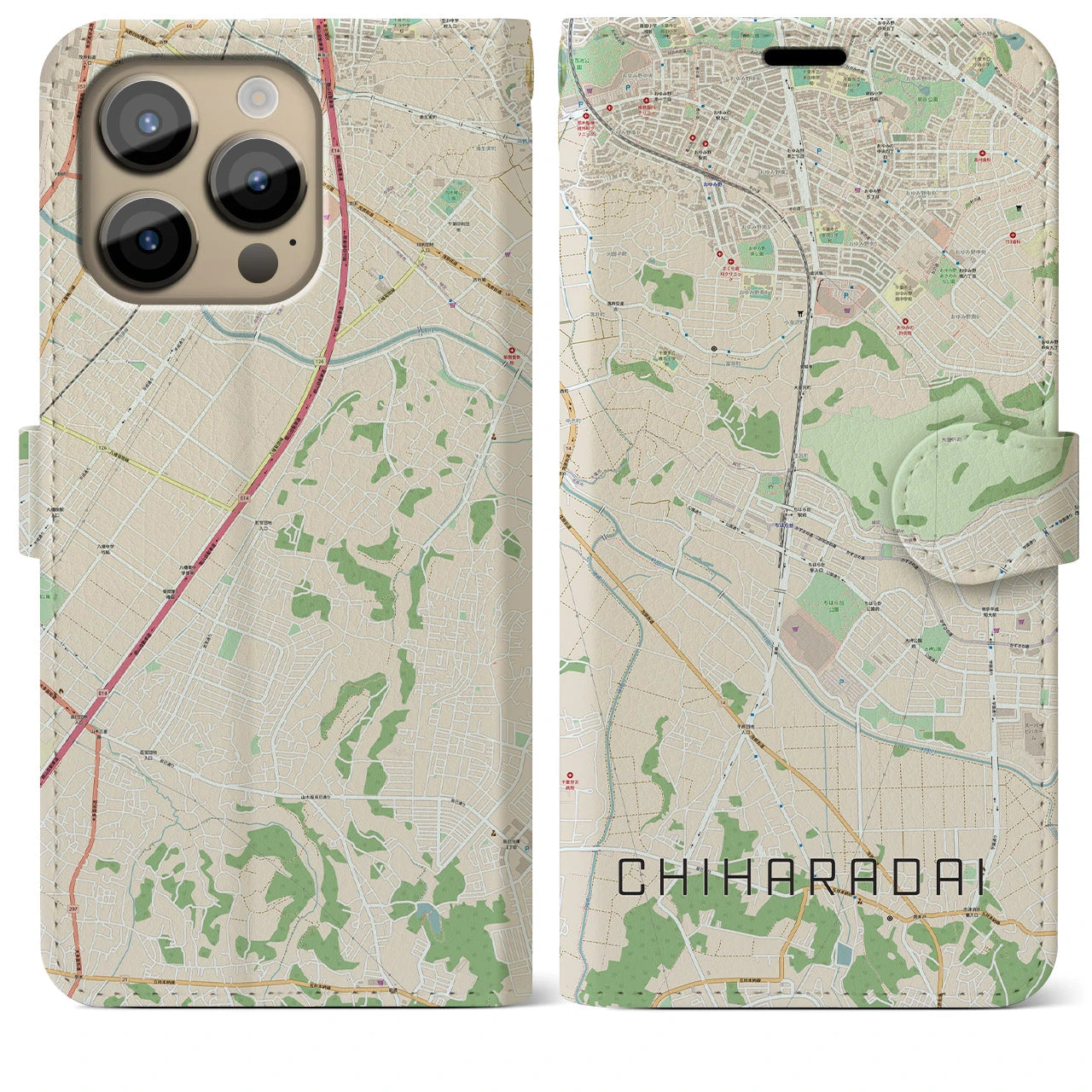 【ちはら台】地図柄iPhoneケース（手帳両面タイプ・ナチュラル）iPhone 14 Pro Max 用