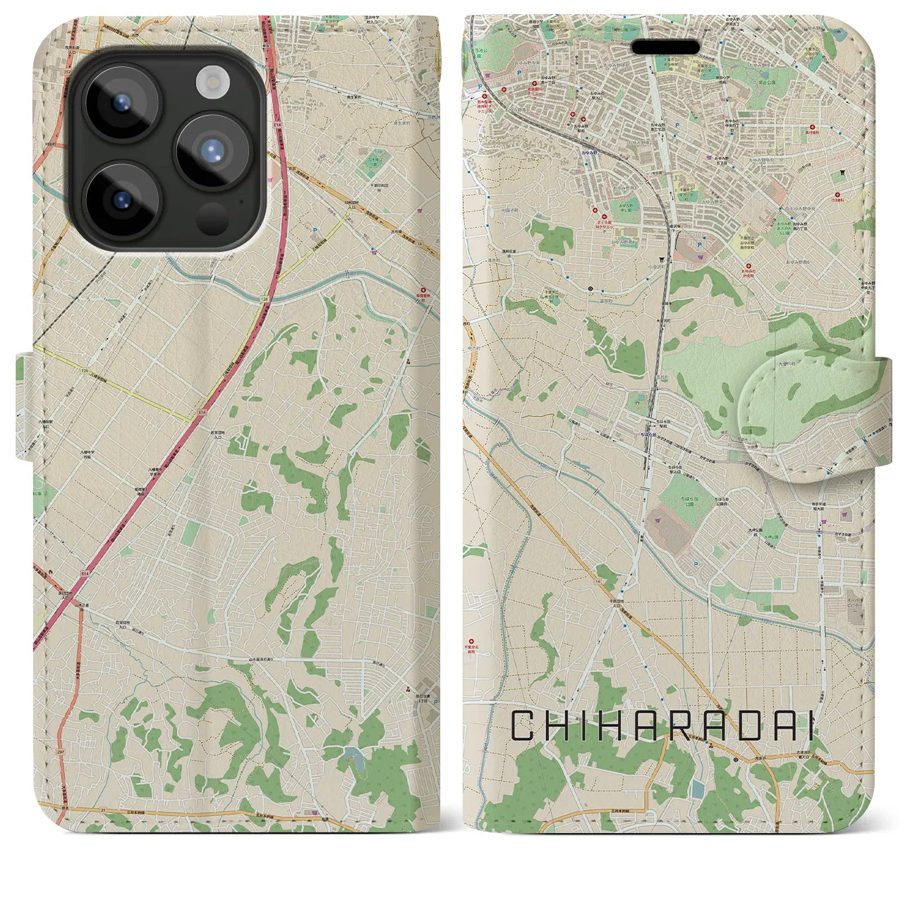 【ちはら台】地図柄iPhoneケース（手帳両面タイプ・ナチュラル）iPhone 15 Pro Max 用