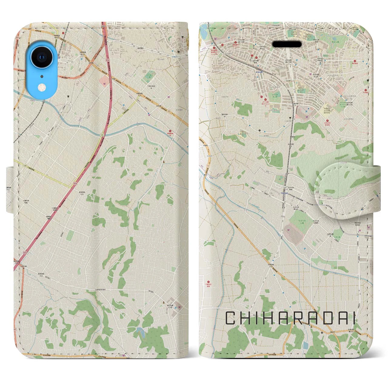 【ちはら台】地図柄iPhoneケース（手帳両面タイプ・ナチュラル）iPhone XR 用