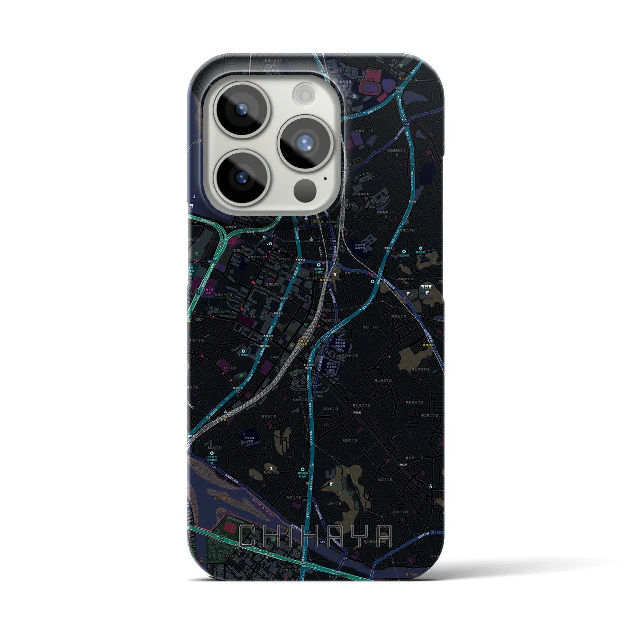 【千早】地図柄iPhoneケース（バックカバータイプ・ブラック）iPhone 15 Pro 用