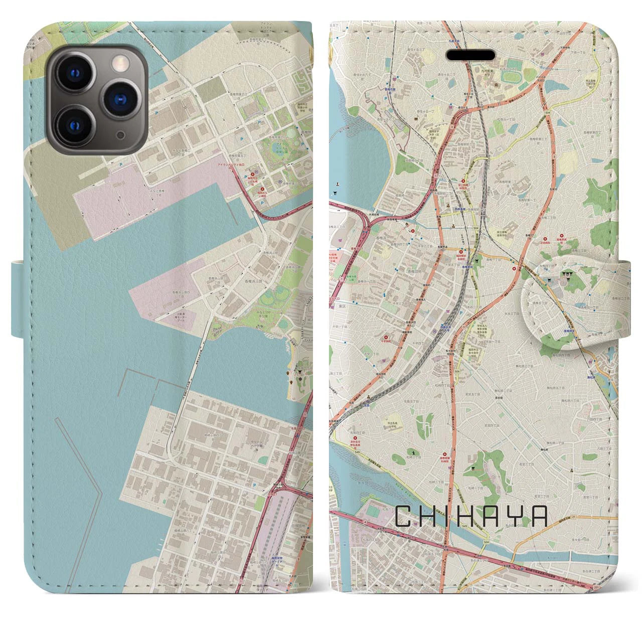 【千早】地図柄iPhoneケース（手帳両面タイプ・ナチュラル）iPhone 11 Pro Max 用