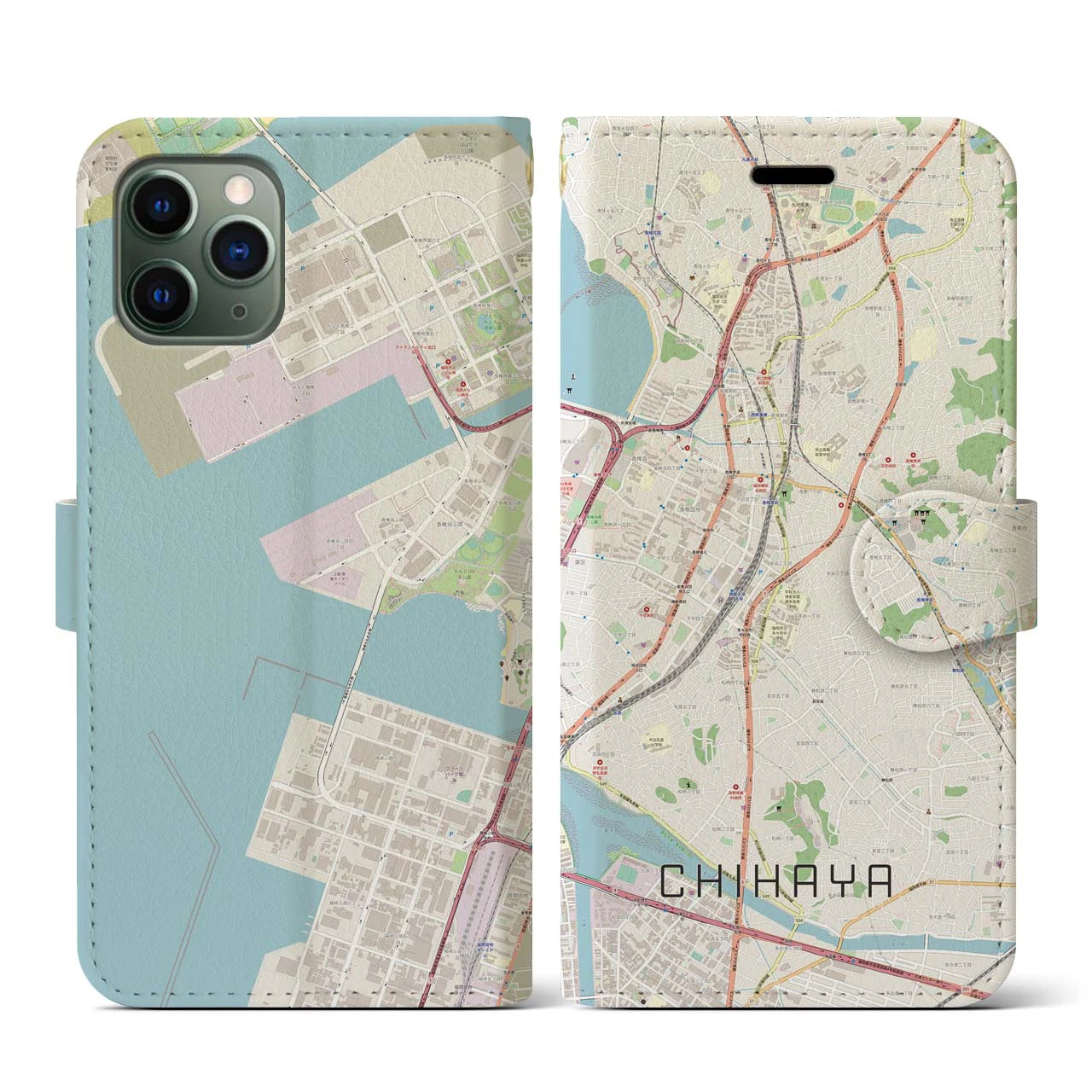 【千早】地図柄iPhoneケース（手帳両面タイプ・ナチュラル）iPhone 11 Pro 用