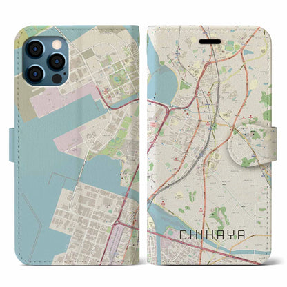 【千早（福岡県）】地図柄iPhoneケース（手帳タイプ）ナチュラル・iPhone 12 / 12 Pro 用