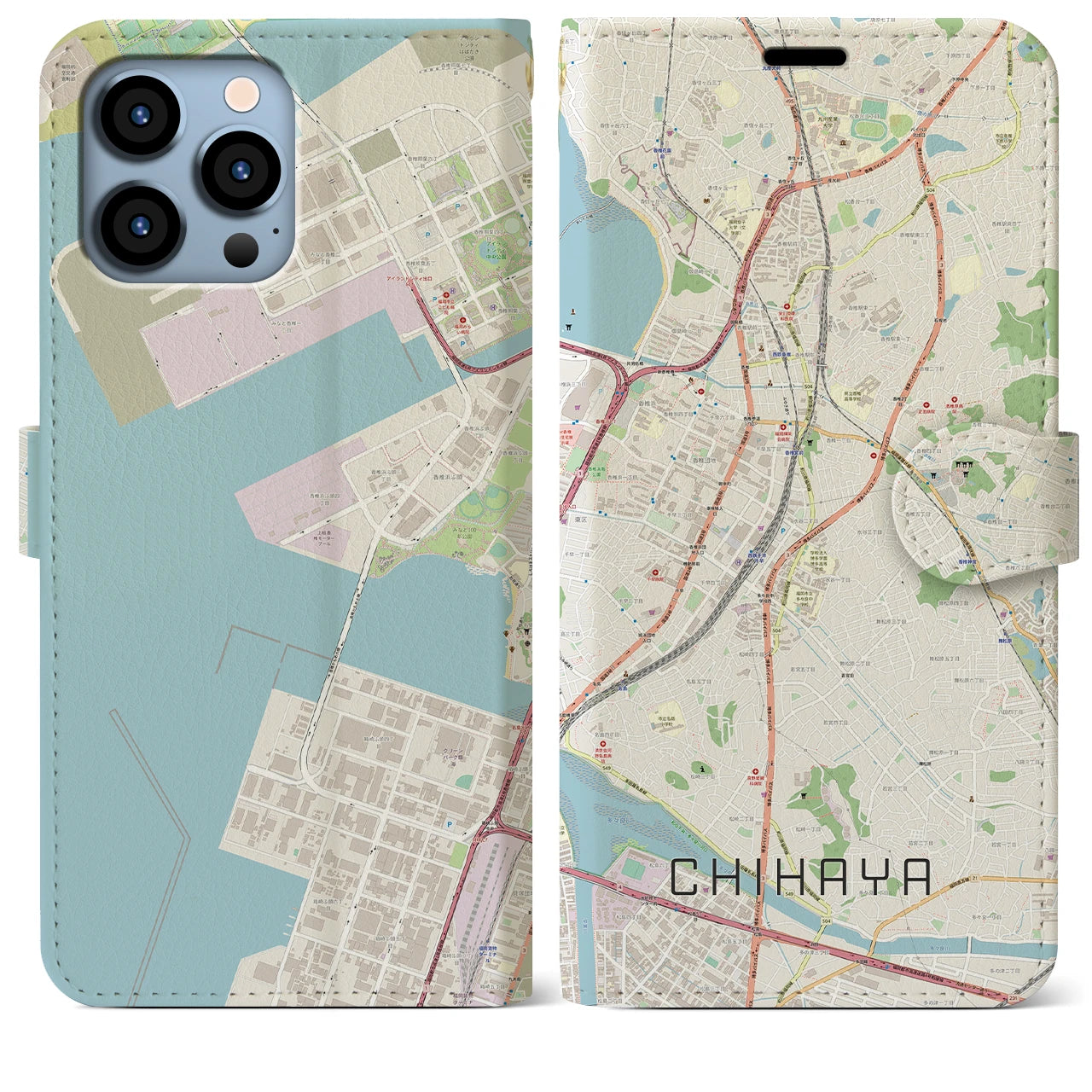 【千早】地図柄iPhoneケース（手帳両面タイプ・ナチュラル）iPhone 13 Pro Max 用