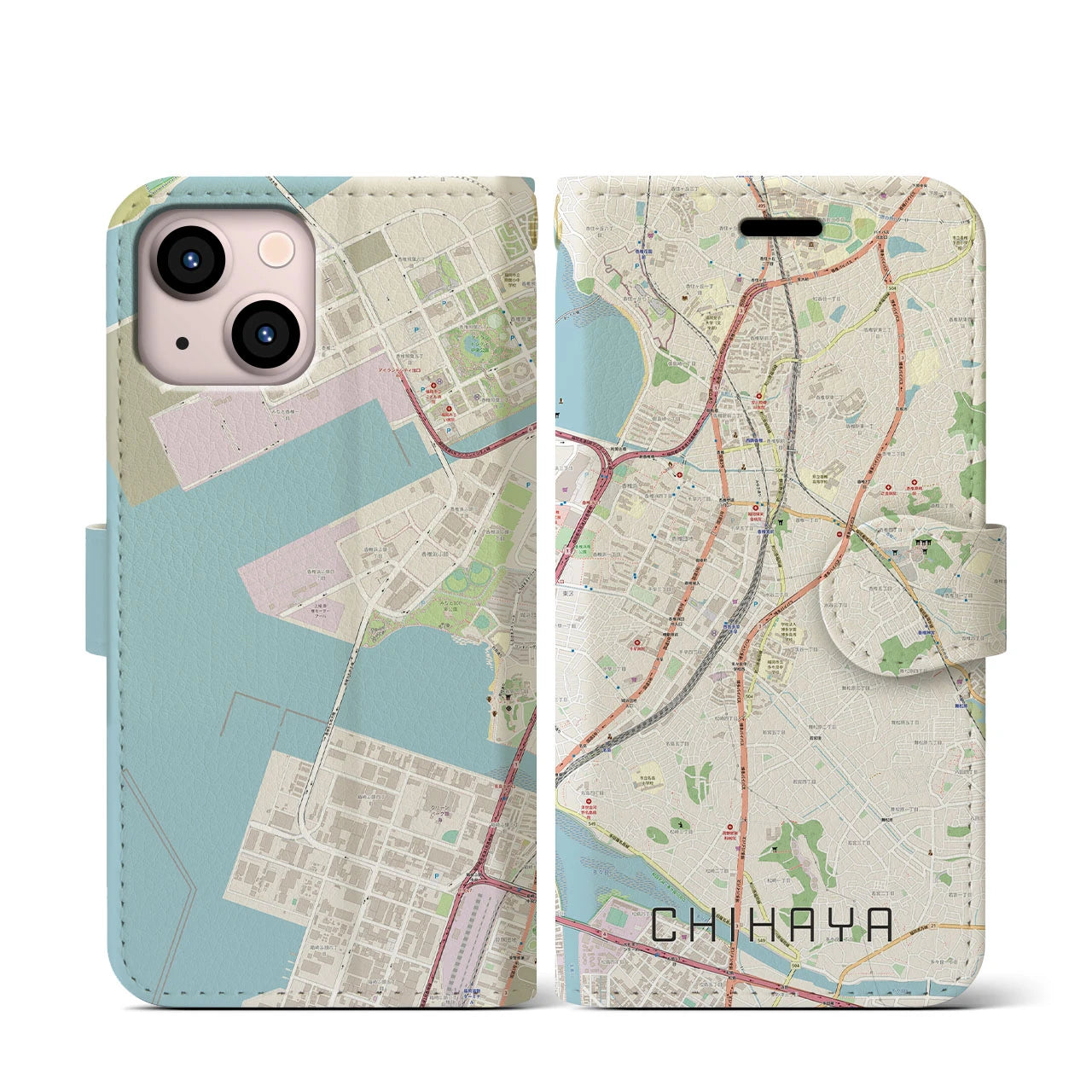 【千早】地図柄iPhoneケース（手帳両面タイプ・ナチュラル）iPhone 13 mini 用