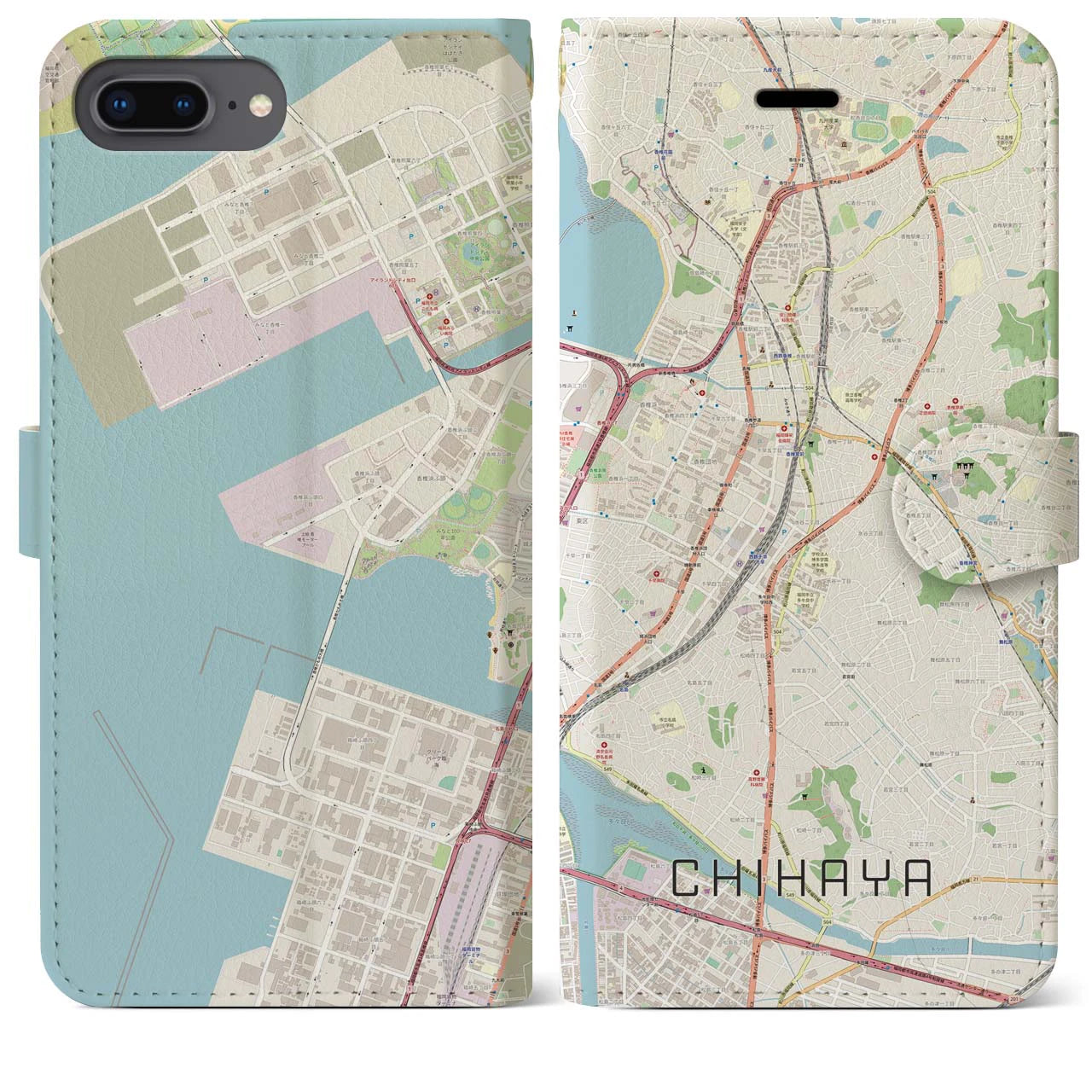 【千早】地図柄iPhoneケース（手帳両面タイプ・ナチュラル）iPhone 8Plus /7Plus / 6sPlus / 6Plus 用