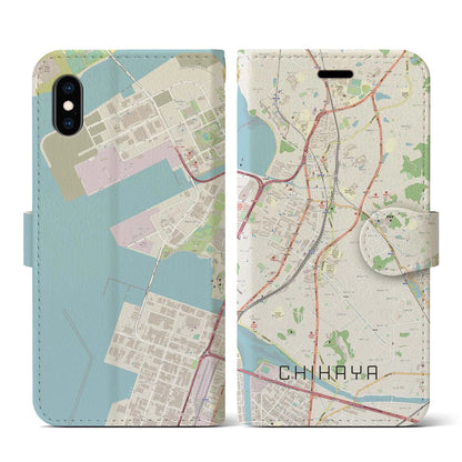 【千早（福岡県）】地図柄iPhoneケース（手帳タイプ）ナチュラル・iPhone XS / X 用