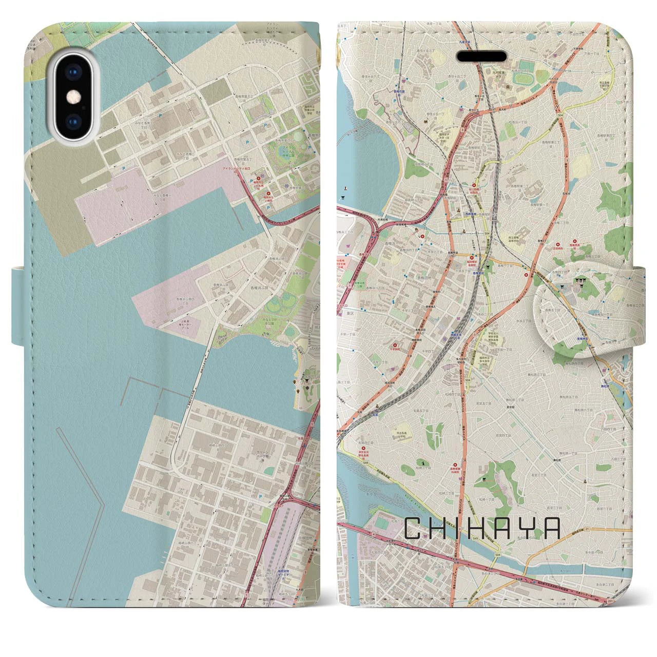 【千早】地図柄iPhoneケース（手帳両面タイプ・ナチュラル）iPhone XS Max 用