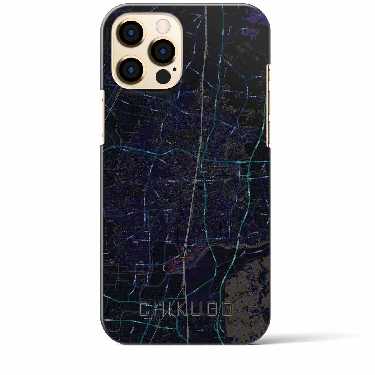 【筑後】地図柄iPhoneケース（バックカバータイプ・ブラック）iPhone 12 Pro Max 用