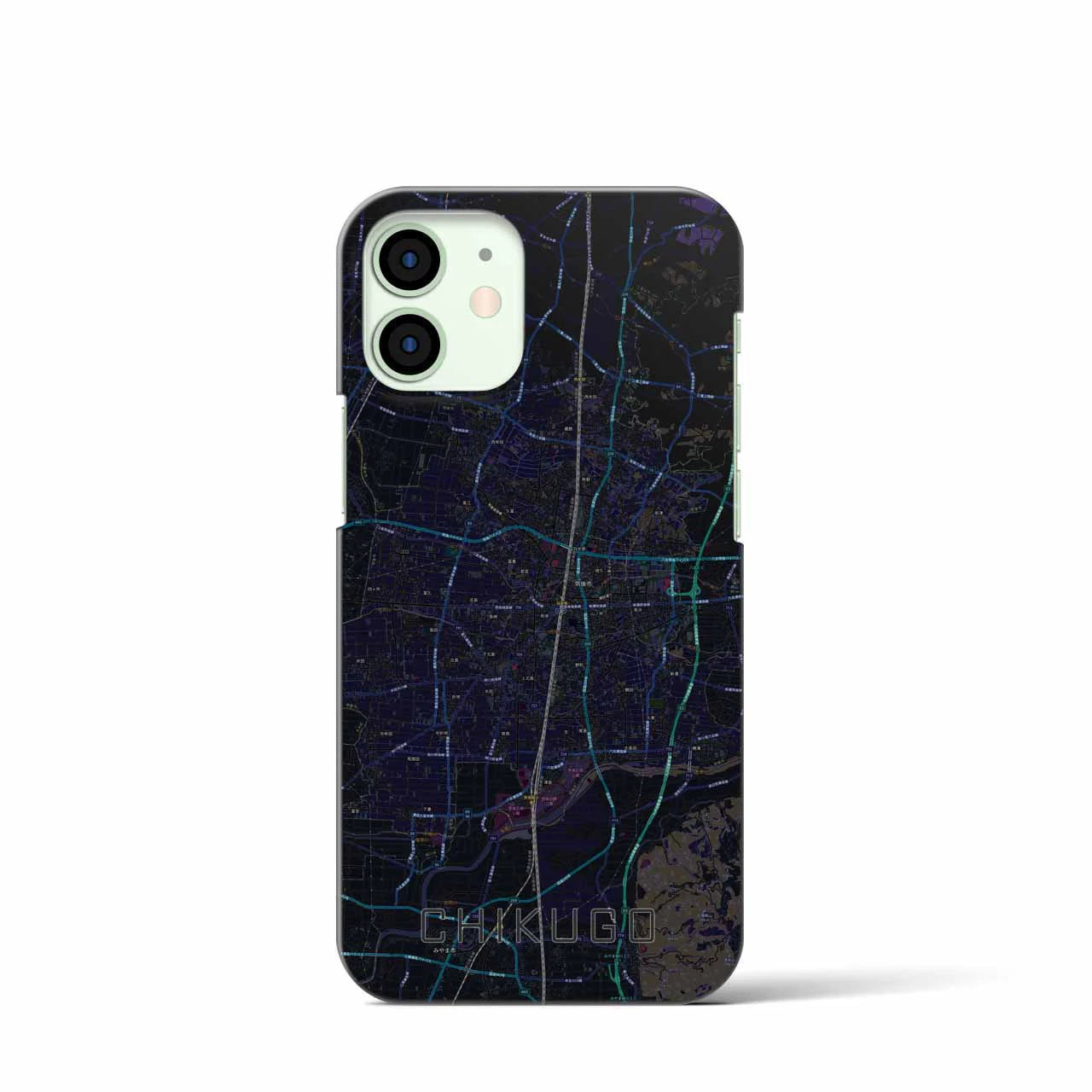 【筑後】地図柄iPhoneケース（バックカバータイプ・ブラック）iPhone 12 mini 用