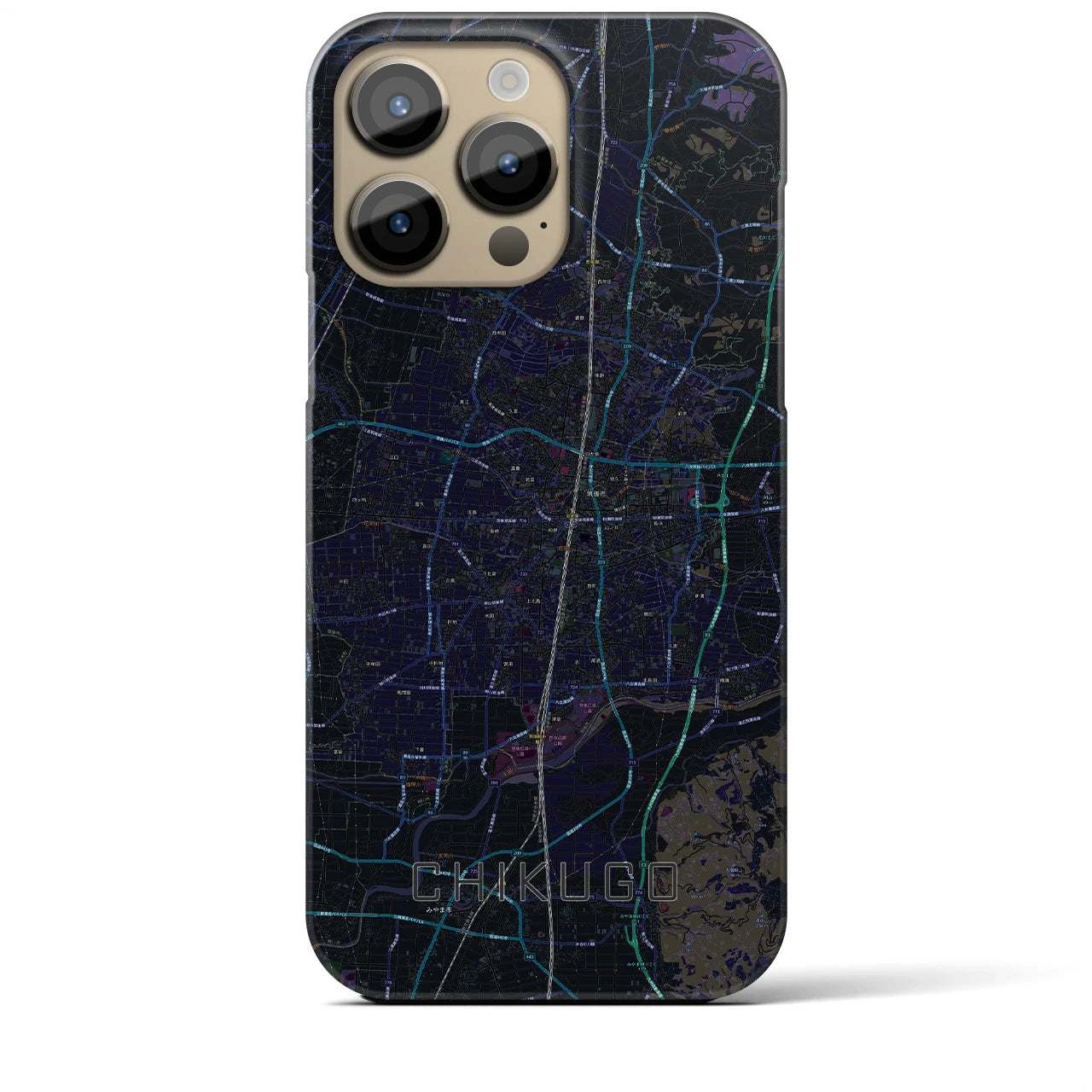 【筑後】地図柄iPhoneケース（バックカバータイプ・ブラック）iPhone 14 Pro Max 用