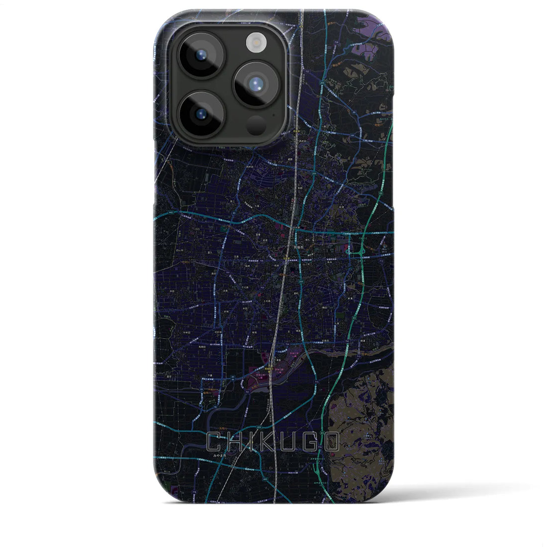 【筑後】地図柄iPhoneケース（バックカバータイプ・ブラック）iPhone 15 Pro Max 用