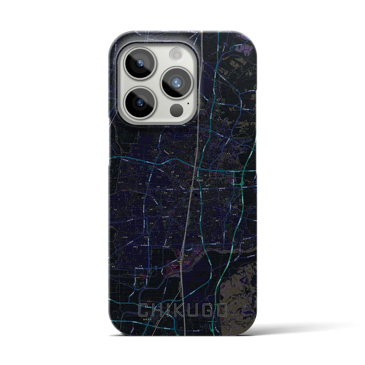 【筑後】地図柄iPhoneケース（バックカバータイプ・ブラック）iPhone 15 Pro 用