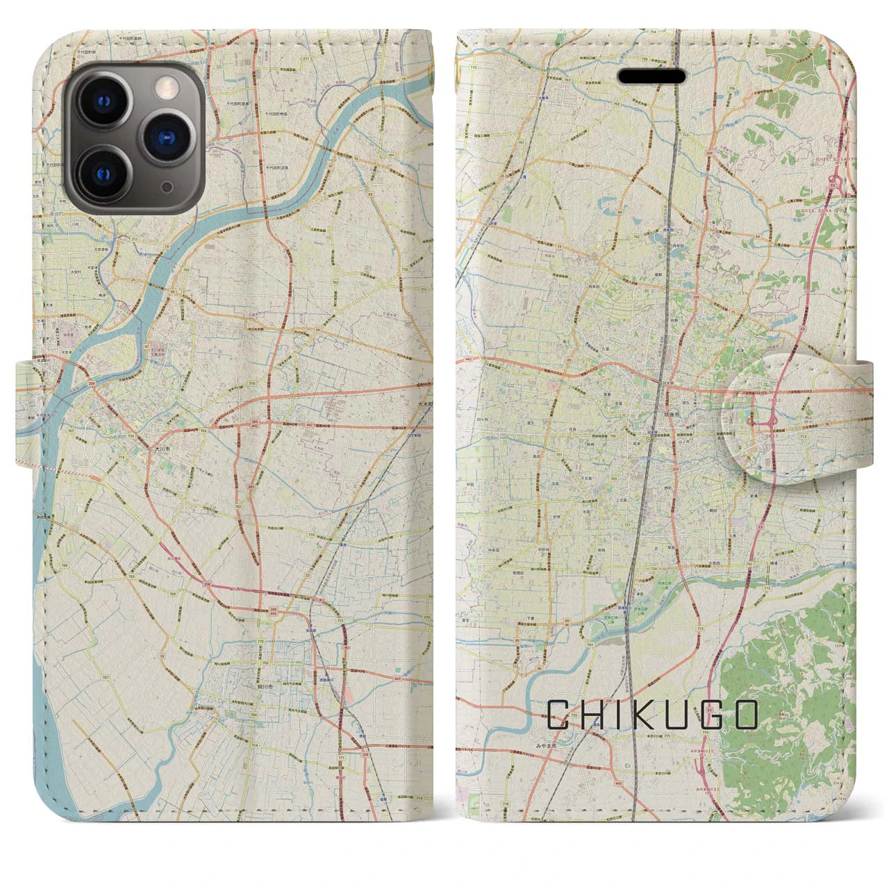 【筑後】地図柄iPhoneケース（手帳両面タイプ・ナチュラル）iPhone 11 Pro Max 用