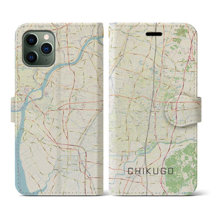 【筑後（福岡県）】地図柄iPhoneケース（手帳タイプ）ナチュラル・iPhone 11 Pro 用