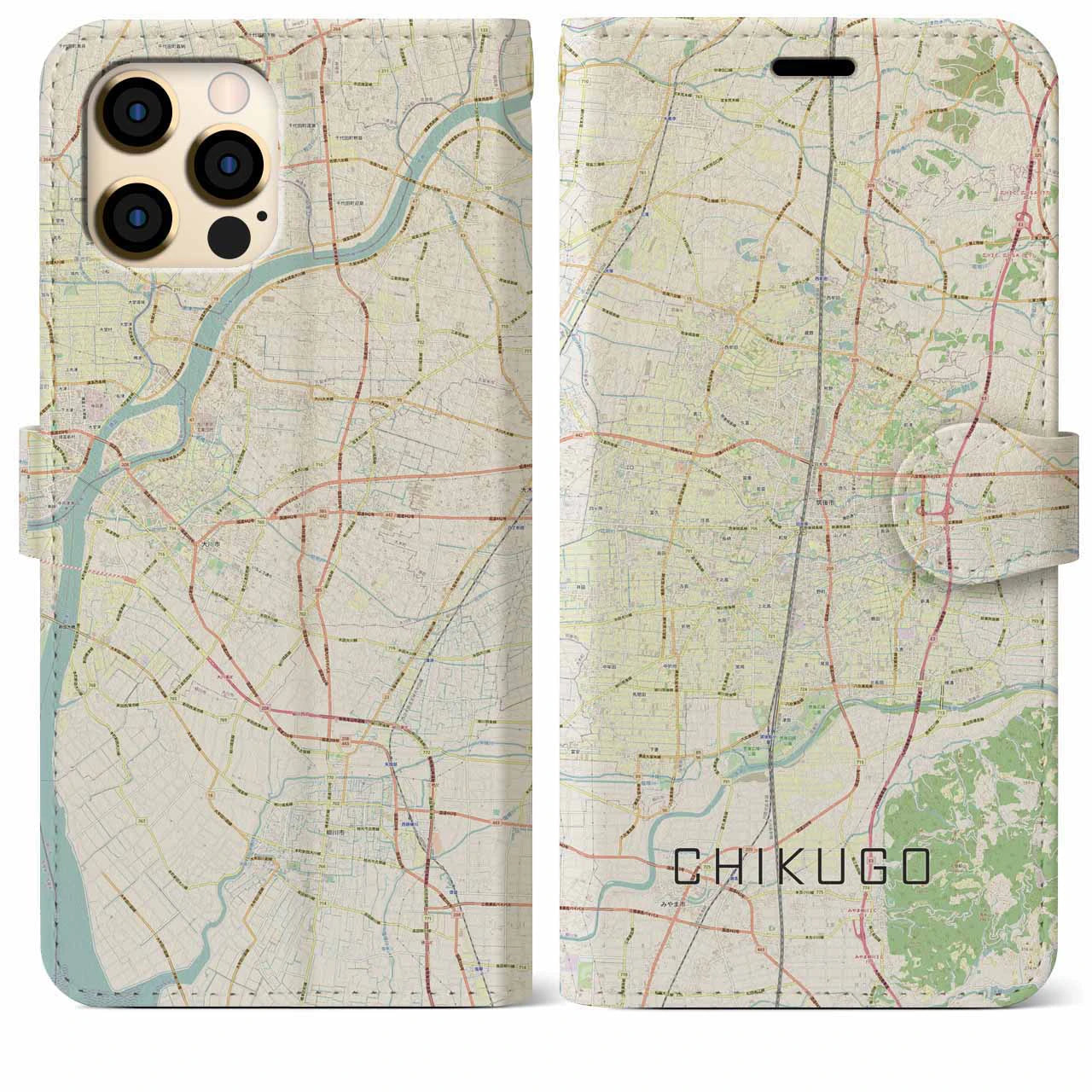 【筑後】地図柄iPhoneケース（手帳両面タイプ・ナチュラル）iPhone 12 Pro Max 用