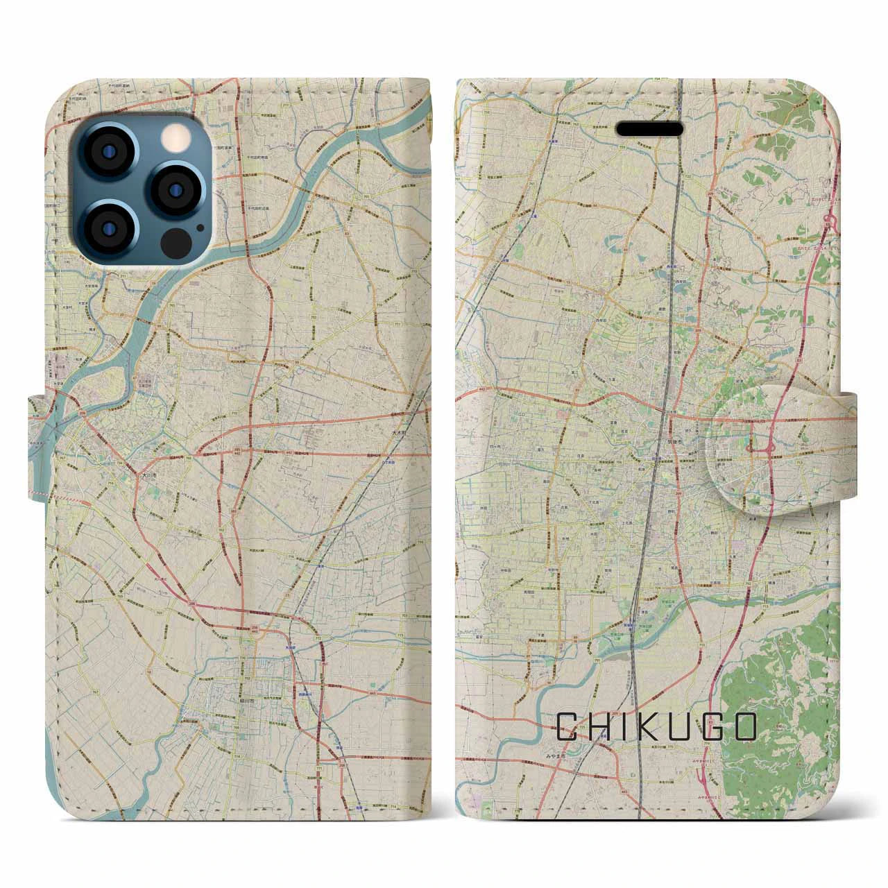 【筑後】地図柄iPhoneケース（手帳両面タイプ・ナチュラル）iPhone 12 / 12 Pro 用