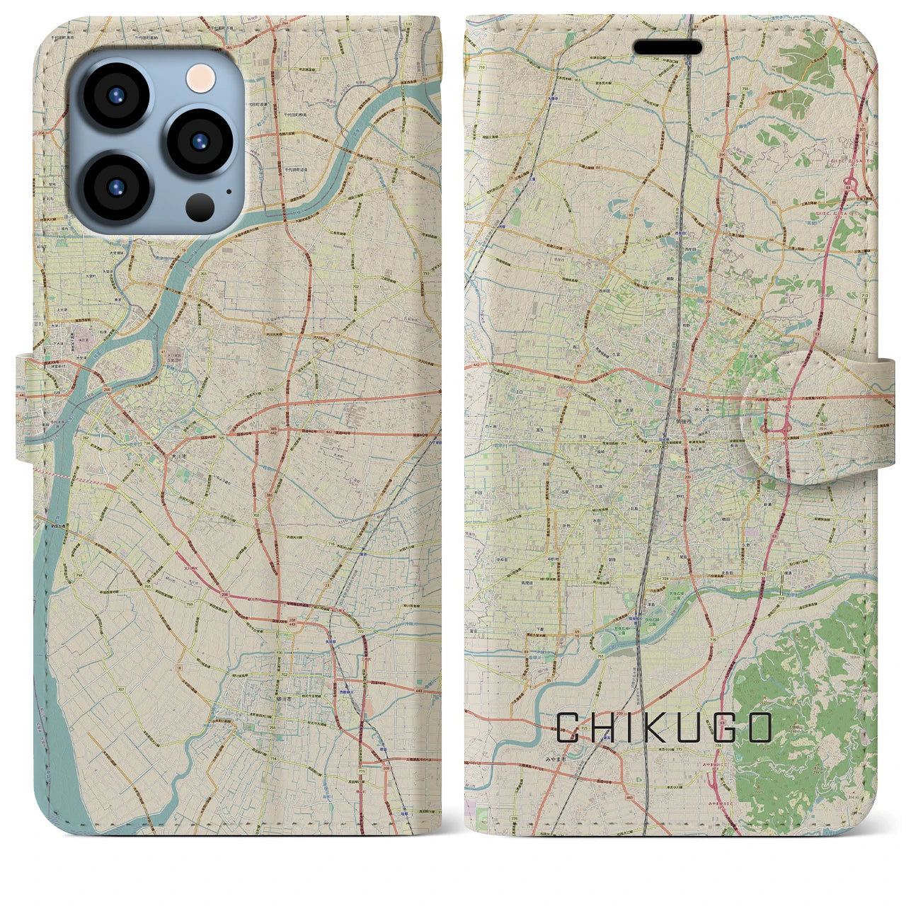 【筑後】地図柄iPhoneケース（手帳両面タイプ・ナチュラル）iPhone 13 Pro Max 用