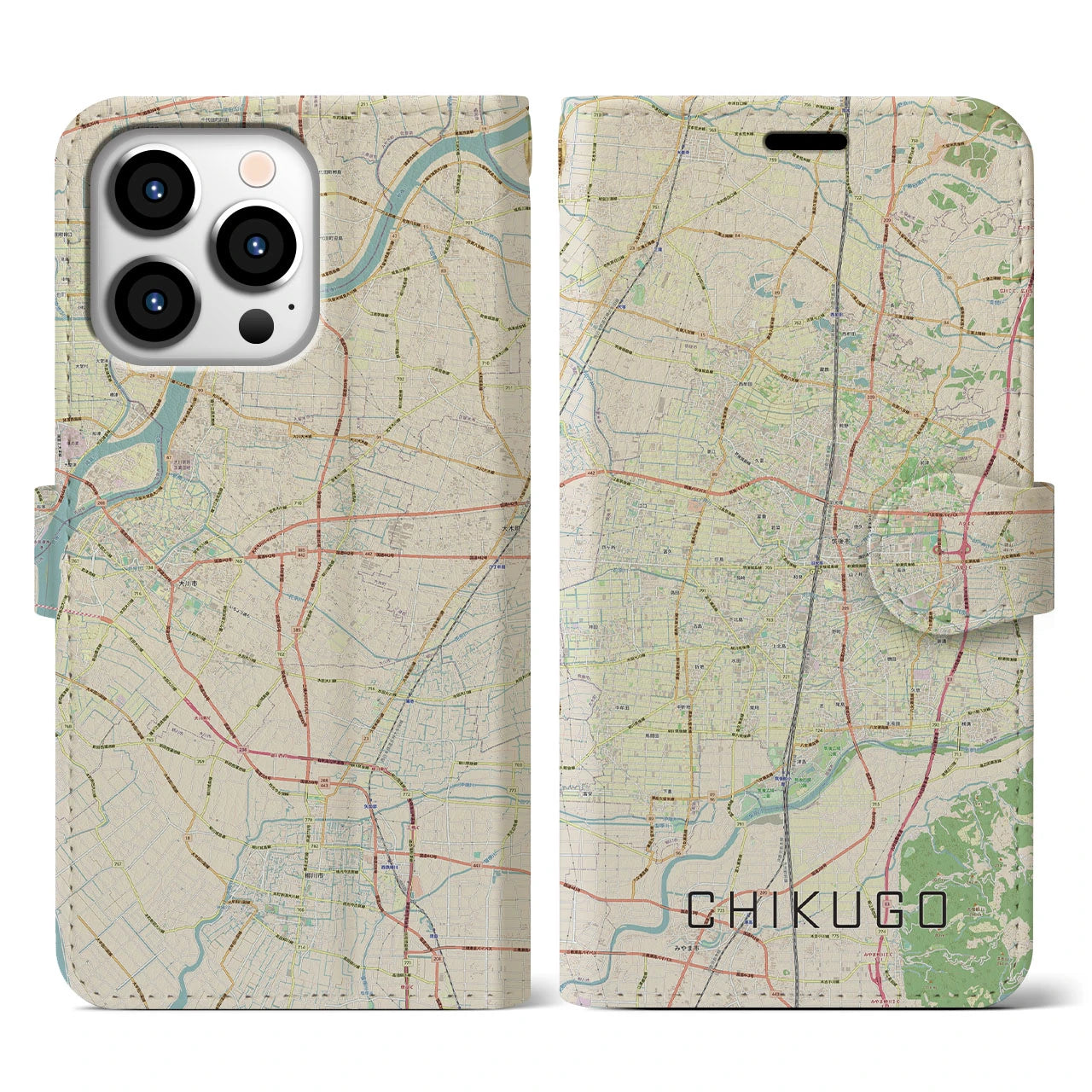 【筑後】地図柄iPhoneケース（手帳両面タイプ・ナチュラル）iPhone 13 Pro 用