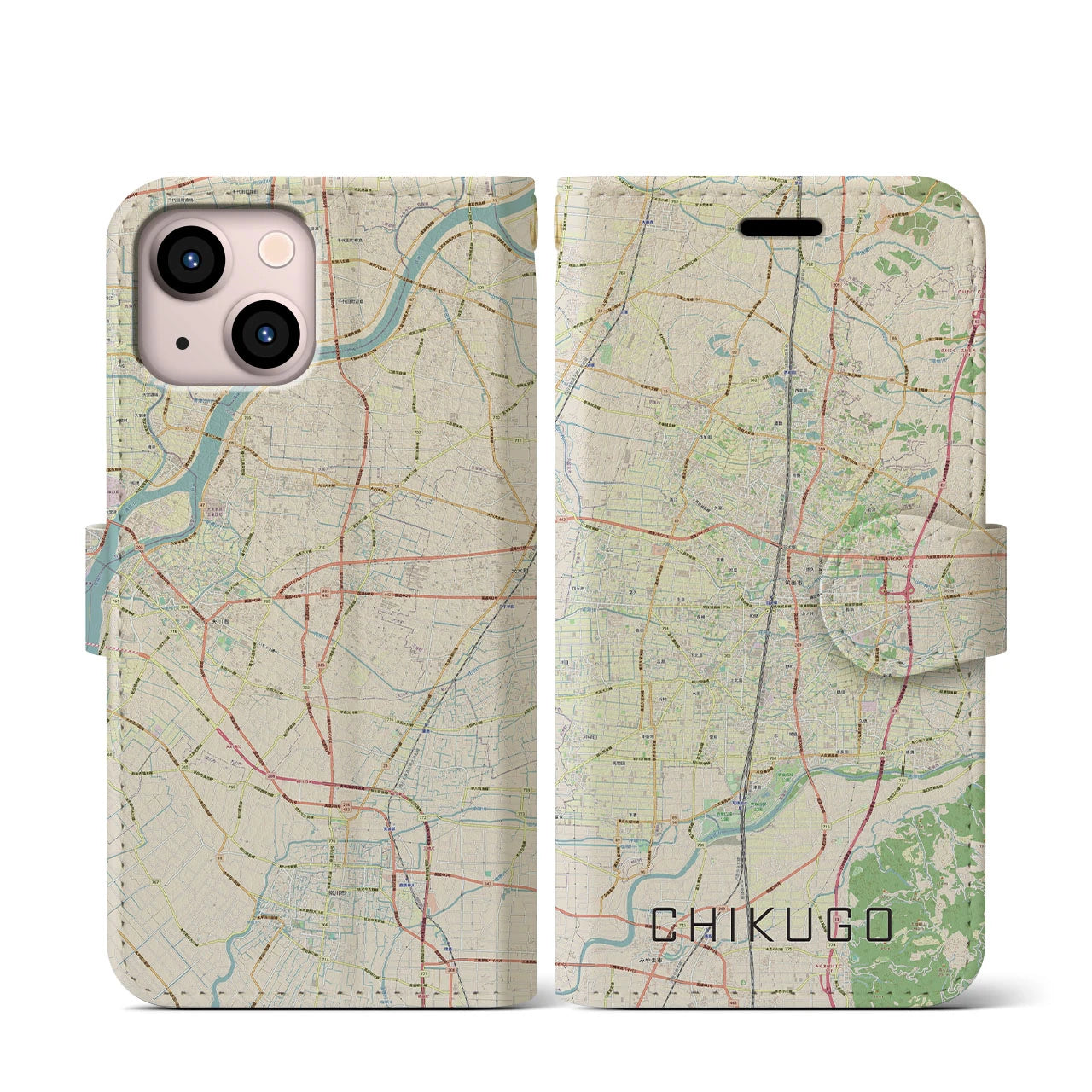 【筑後】地図柄iPhoneケース（手帳両面タイプ・ナチュラル）iPhone 13 mini 用