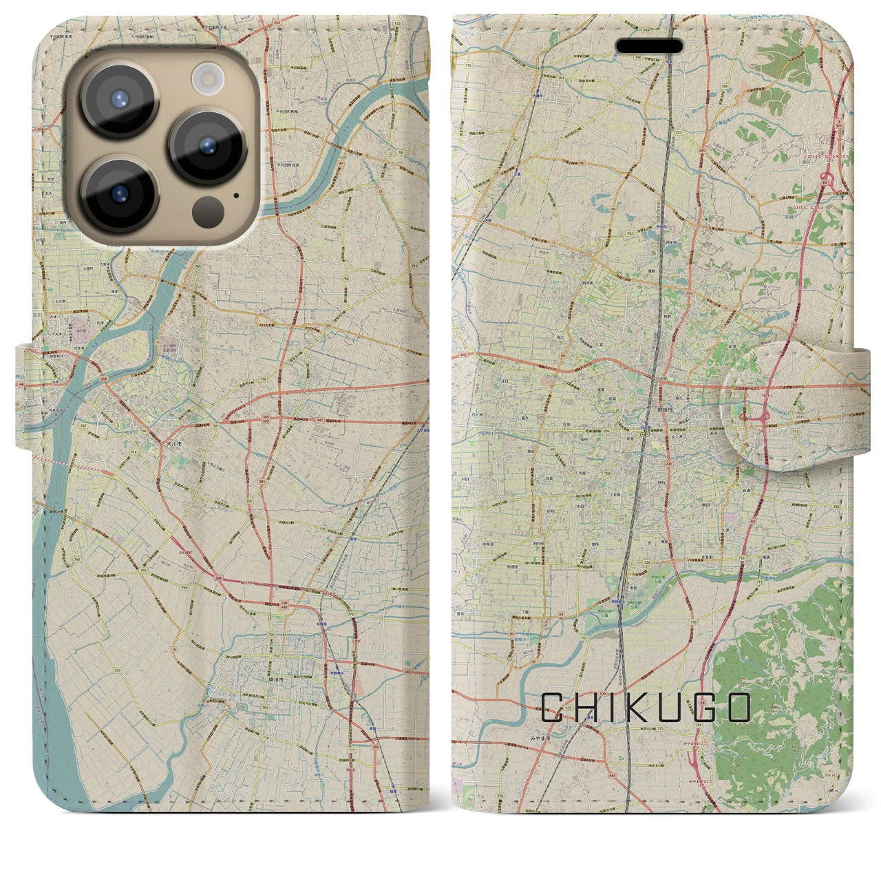【筑後】地図柄iPhoneケース（手帳両面タイプ・ナチュラル）iPhone 14 Pro Max 用