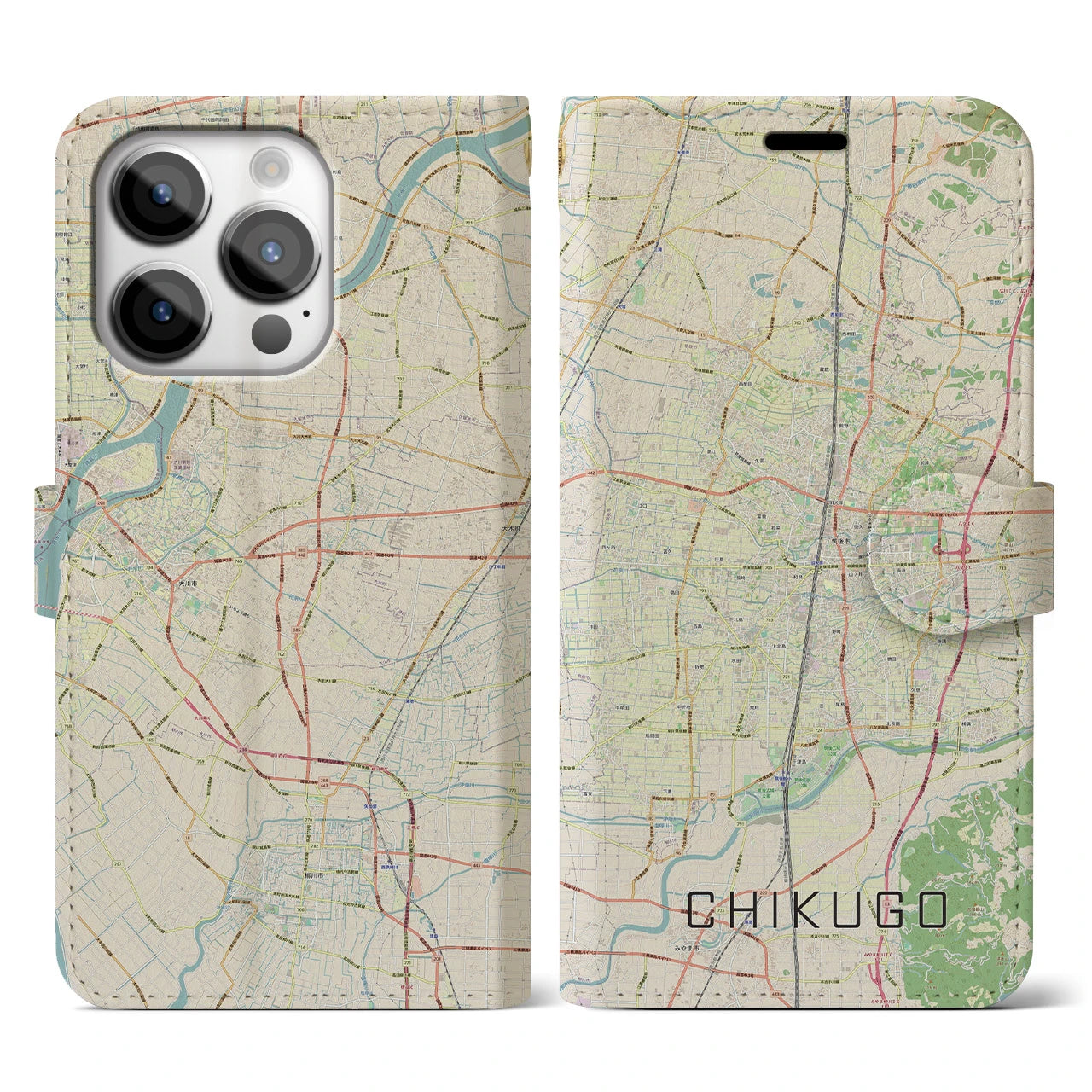 【筑後】地図柄iPhoneケース（手帳両面タイプ・ナチュラル）iPhone 14 Pro 用