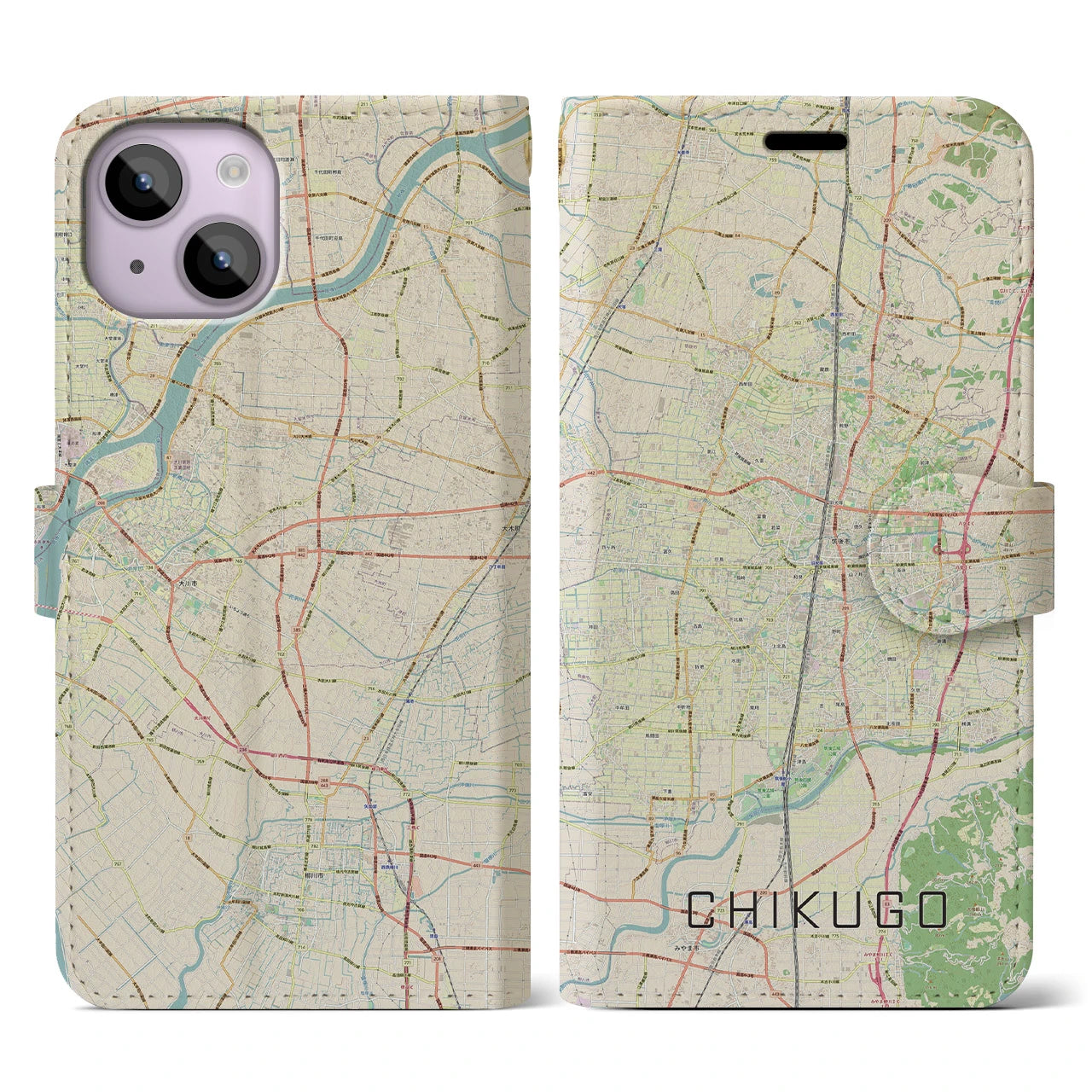 【筑後】地図柄iPhoneケース（手帳両面タイプ・ナチュラル）iPhone 14 用
