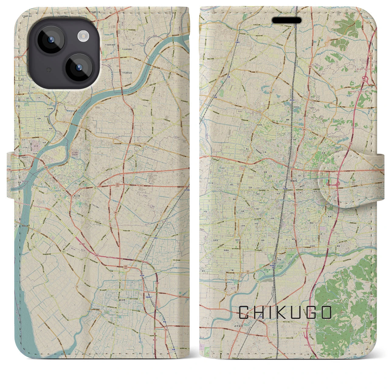【筑後】地図柄iPhoneケース（手帳両面タイプ・ナチュラル）iPhone 14 Plus 用