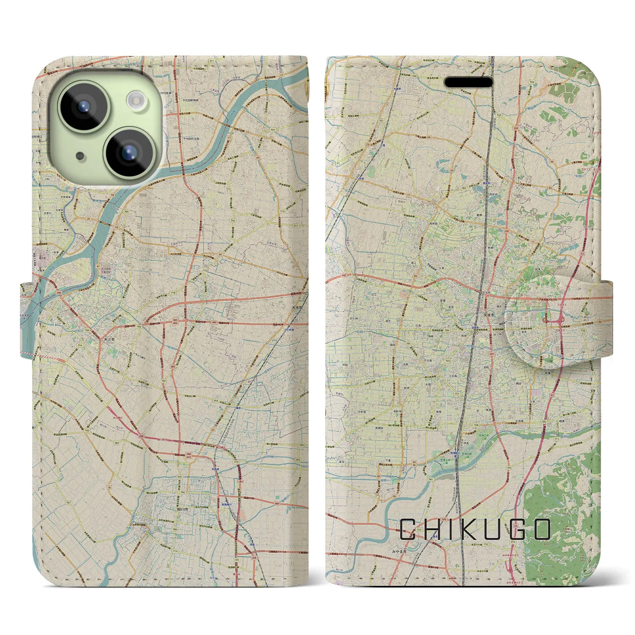 【筑後】地図柄iPhoneケース（手帳両面タイプ・ナチュラル）iPhone 15 用