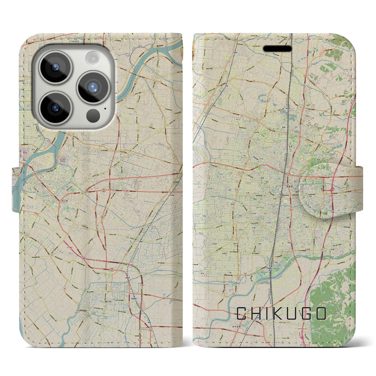 【筑後】地図柄iPhoneケース（手帳両面タイプ・ナチュラル）iPhone 15 Pro 用