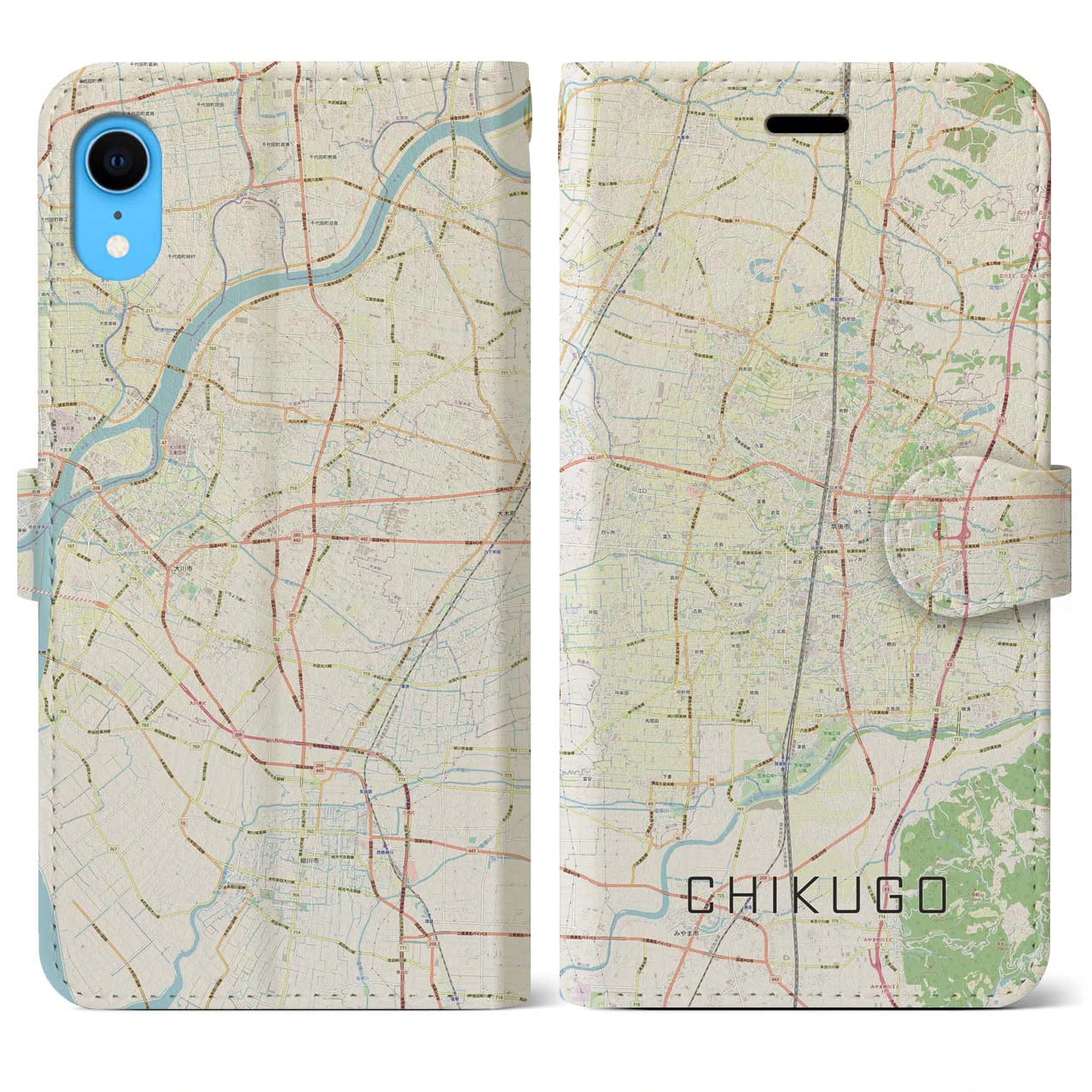 【筑後】地図柄iPhoneケース（手帳両面タイプ・ナチュラル）iPhone XR 用