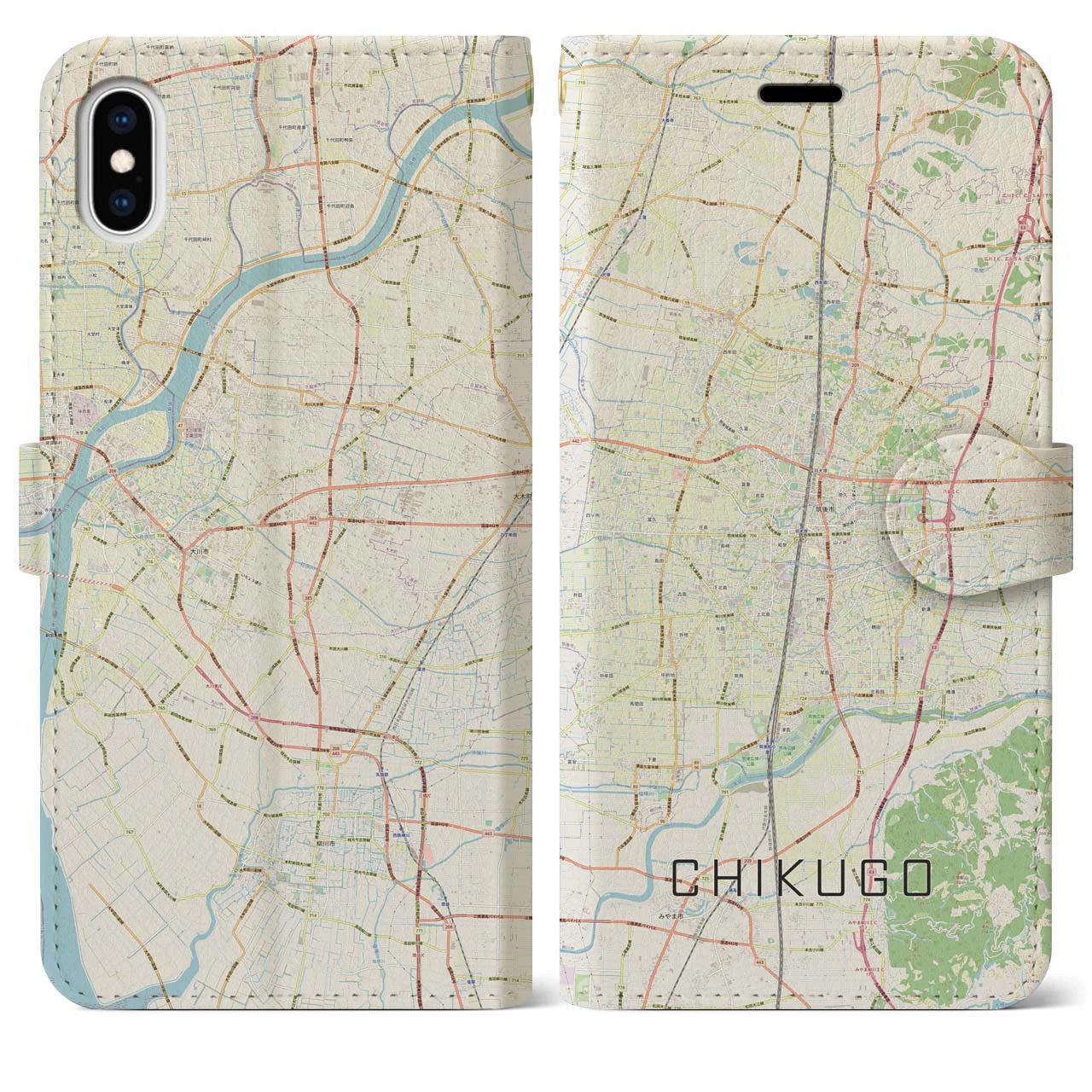 【筑後】地図柄iPhoneケース（手帳両面タイプ・ナチュラル）iPhone XS Max 用