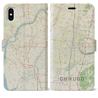 【筑後（福岡県）】地図柄iPhoneケース（手帳タイプ）ナチュラル・iPhone XS Max 用