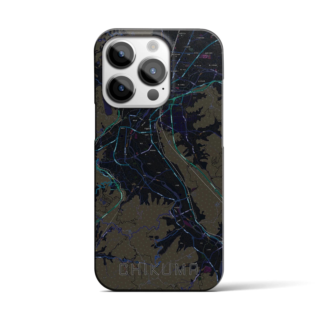 【千曲】地図柄iPhoneケース（バックカバータイプ・ブラック）iPhone 14 Pro 用