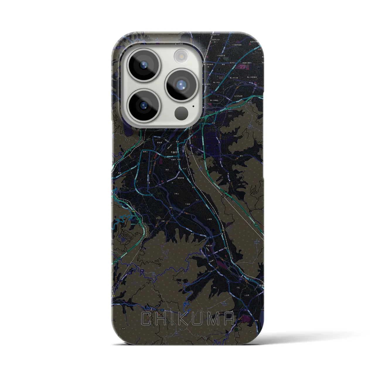 【千曲】地図柄iPhoneケース（バックカバータイプ・ブラック）iPhone 15 Pro 用