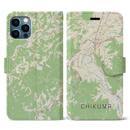 【千曲（長野県）】地図柄iPhoneケース（手帳タイプ）ナチュラル・iPhone 12 / 12 Pro 用