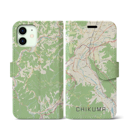 【千曲（長野県）】地図柄iPhoneケース（手帳タイプ）ナチュラル・iPhone 12 mini 用