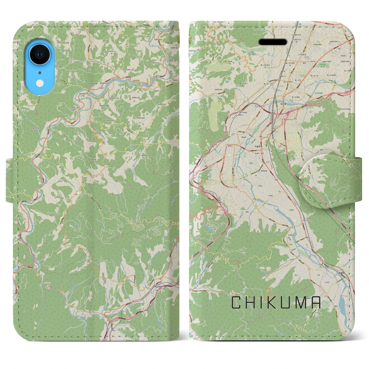 【千曲】地図柄iPhoneケース（手帳両面タイプ・ナチュラル）iPhone XR 用