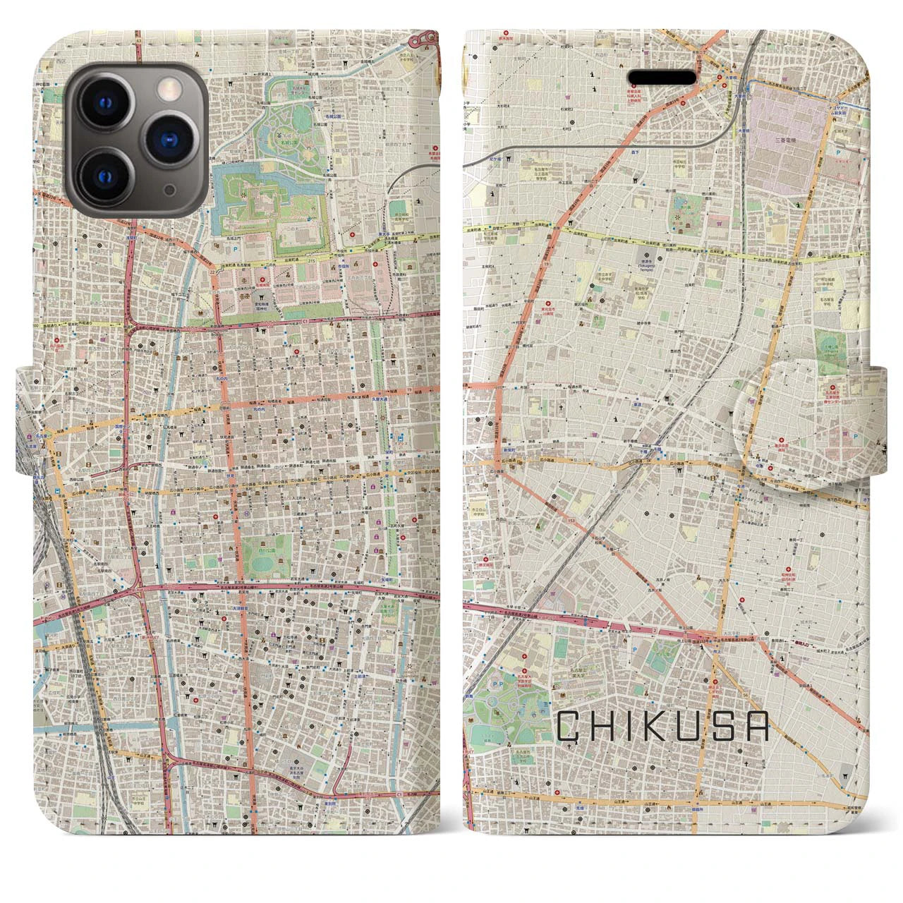 【千種】地図柄iPhoneケース（手帳両面タイプ・ナチュラル）iPhone 11 Pro Max 用