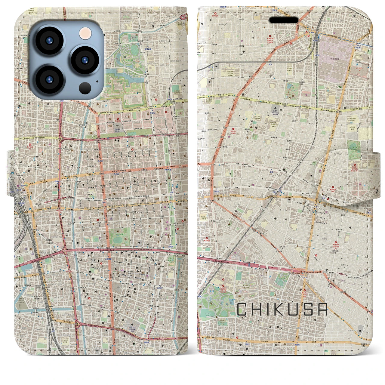 【千種】地図柄iPhoneケース（手帳両面タイプ・ナチュラル）iPhone 13 Pro Max 用