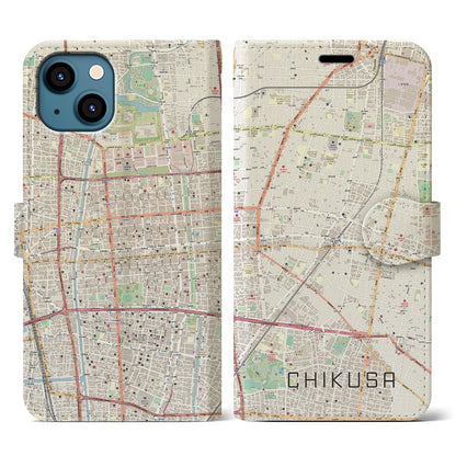 【千種（愛知県）】地図柄iPhoneケース（手帳タイプ）ナチュラル・iPhone 13 用