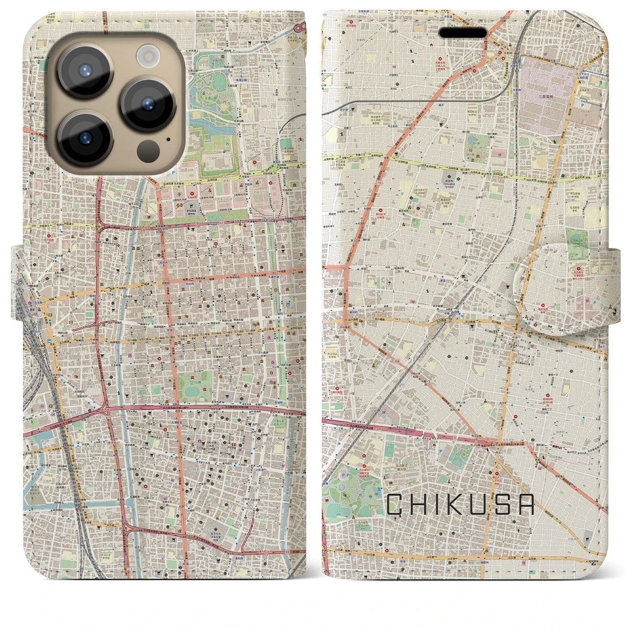 【千種】地図柄iPhoneケース（手帳両面タイプ・ナチュラル）iPhone 14 Pro Max 用