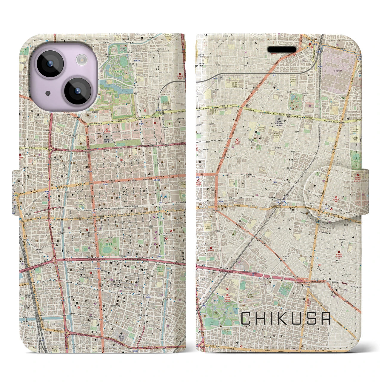 【千種】地図柄iPhoneケース（手帳両面タイプ・ナチュラル）iPhone 14 用