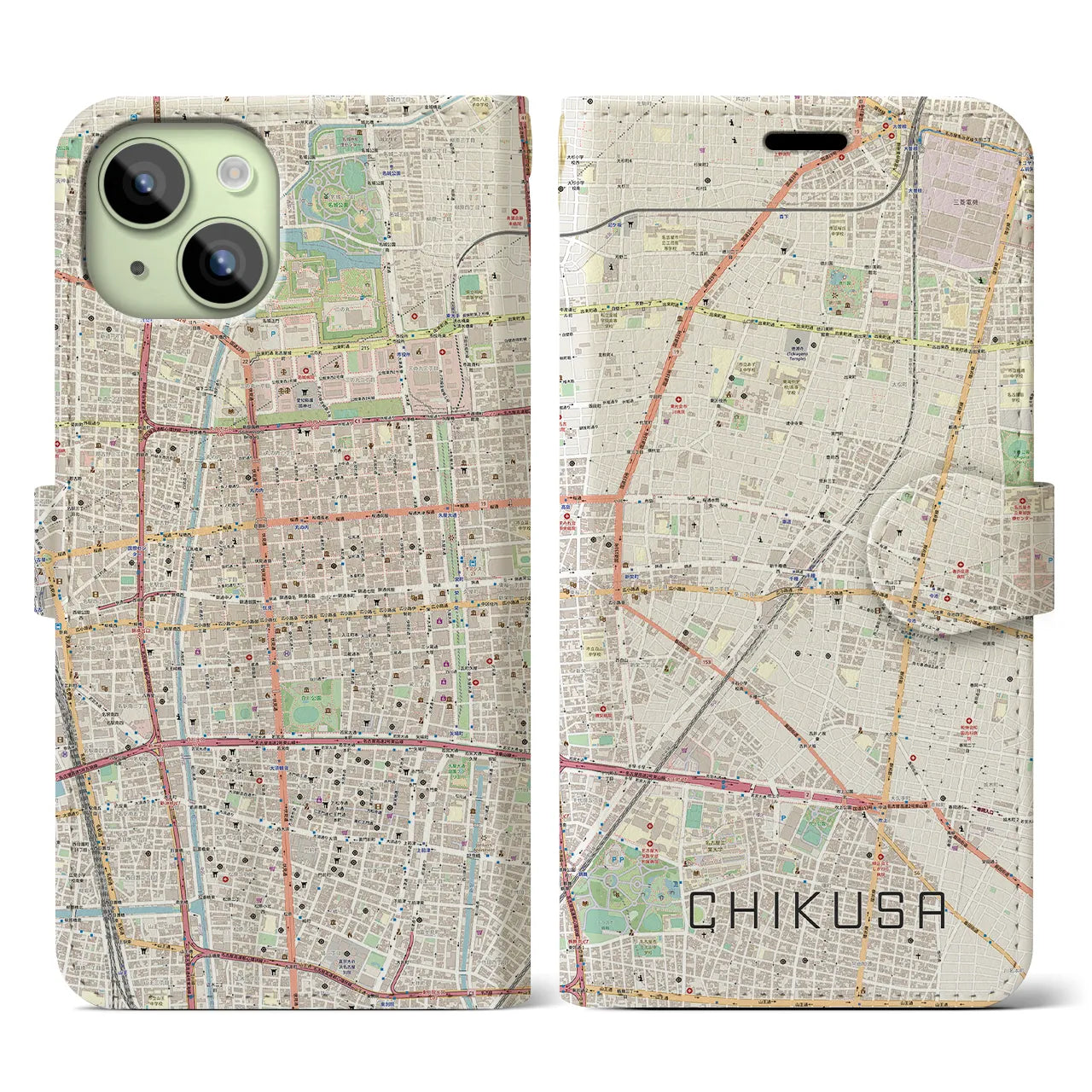 【千種】地図柄iPhoneケース（手帳両面タイプ・ナチュラル）iPhone 15 用