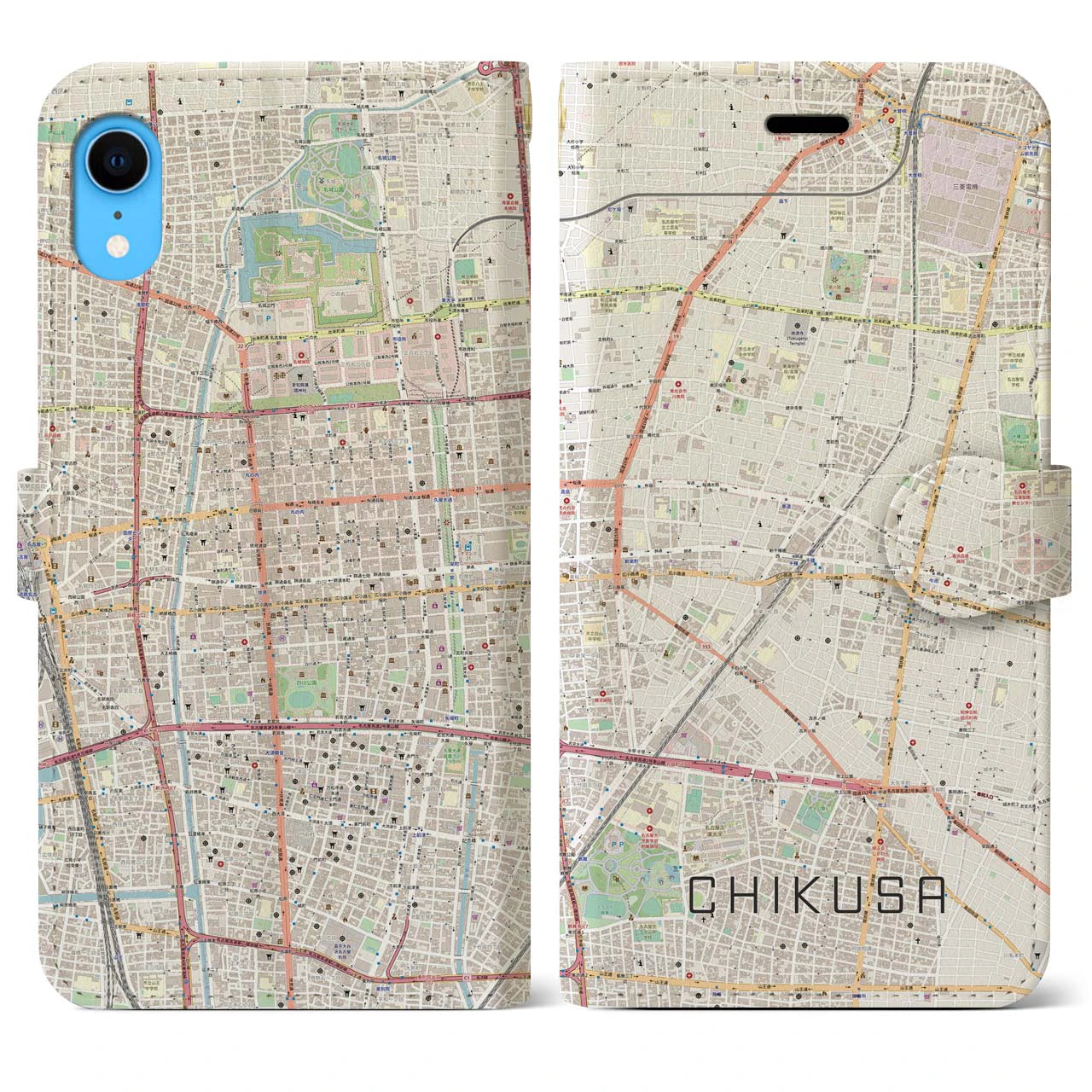 【千種】地図柄iPhoneケース（手帳両面タイプ・ナチュラル）iPhone XR 用