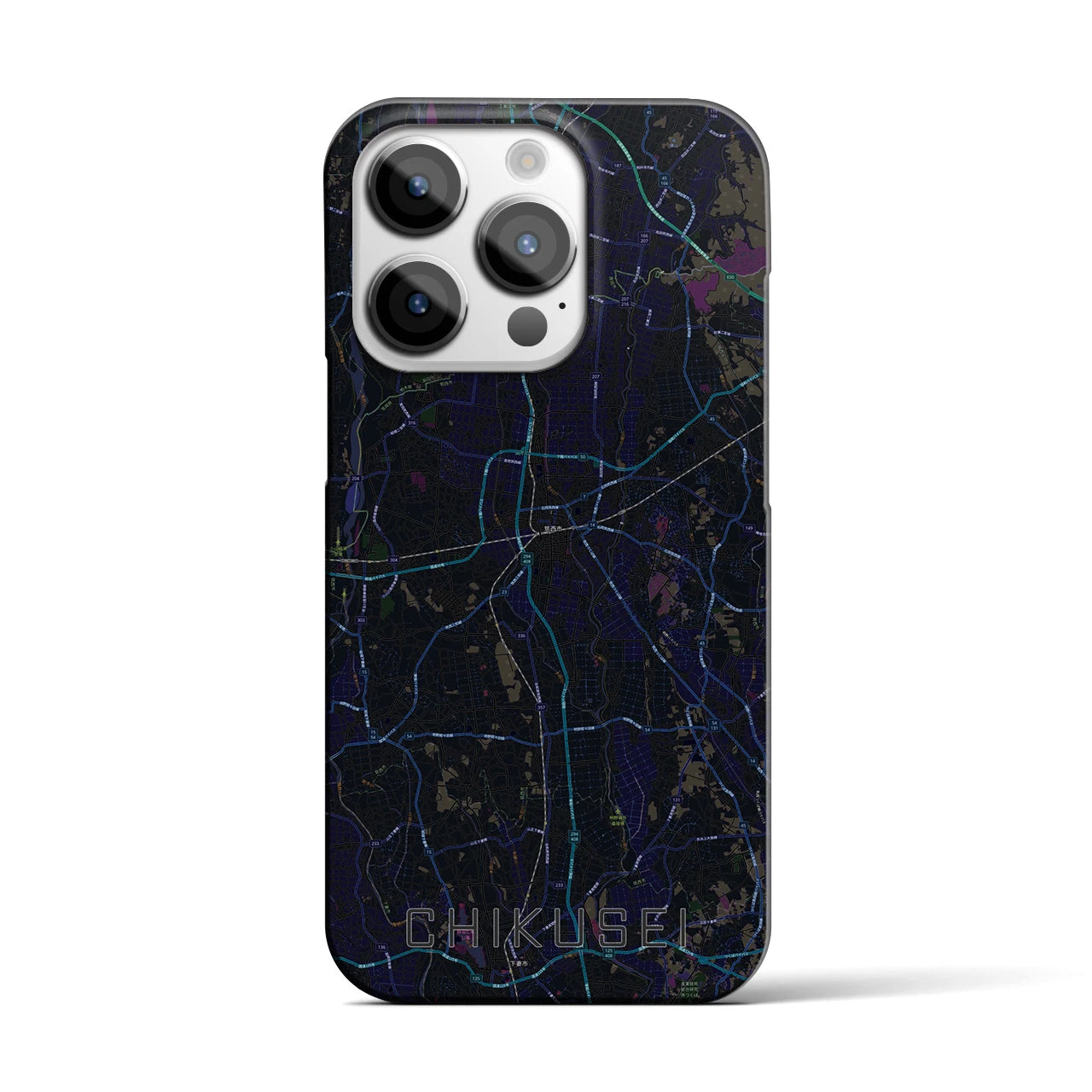 【筑西】地図柄iPhoneケース（バックカバータイプ・ブラック）iPhone 14 Pro 用