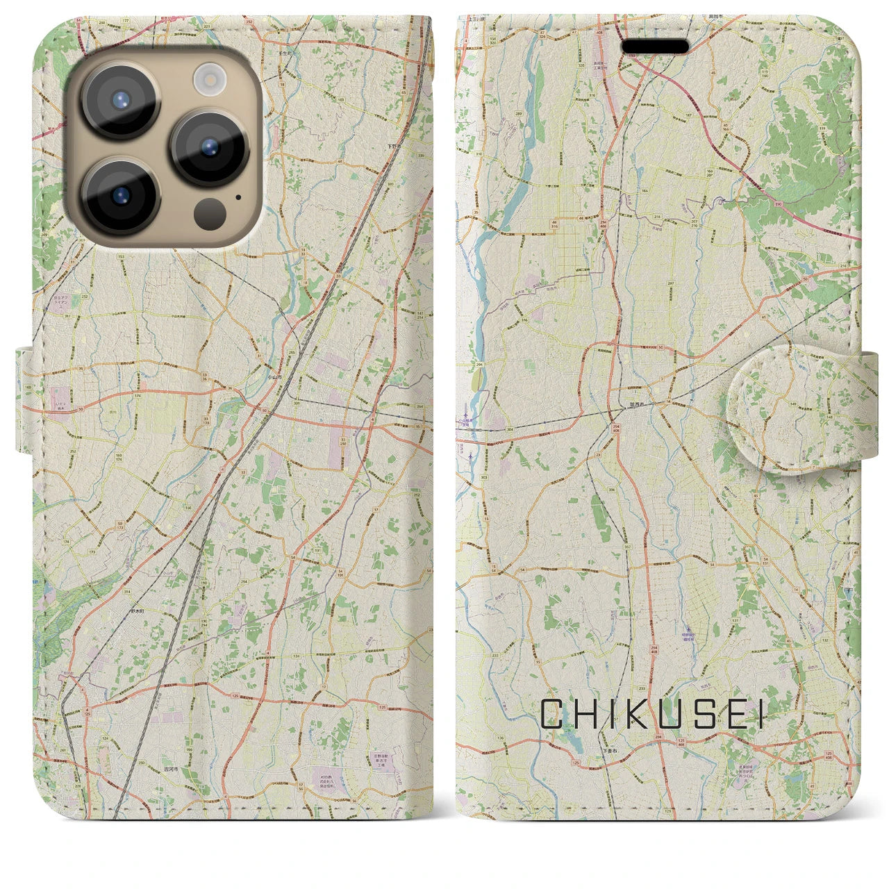 【筑西】地図柄iPhoneケース（手帳両面タイプ・ナチュラル）iPhone 14 Pro Max 用